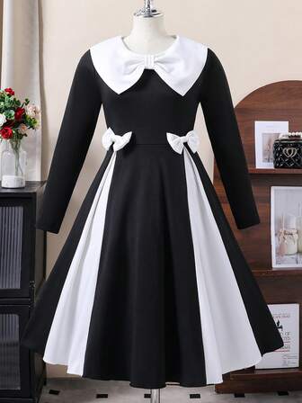 少女娃娃脸拼接撞色蝴蝶结腰身修身连衣裙