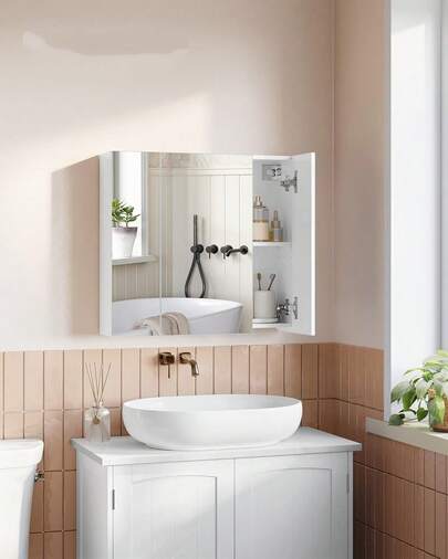 Bathroom Wall Cabinet With Mirror, 3 Door Storage Unit, 60 X 15 X 55 Cm, With Adjustable Shelf, Modern, White