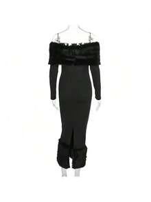 Women's Vestidos De Fiesta De Noche Autumn And Winter Bodycon Off-Shoulder Vestidos De Fiesta Elegantes Fashion Fur Collar Long Sleeved Temperament Slim Fit Evening Dress Dress Prom Dress Vestidos Elegantes De Mujer - 酒紅色 - 查看 11