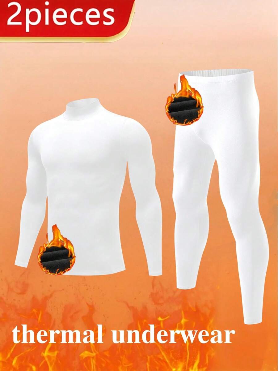 2 Pcs Thermals For Men Thermal Underwear Set With Autumn And Winter Velvet Thermal Underwear Set, Men's  High Neck Long Sleeve Home Sleepwear Base Shirt And Long Johns, Winter Outdoor Sports Skiing Hunting Equipment Thermal Base Set, Cold Weather Thermal Clothing - White - View 1