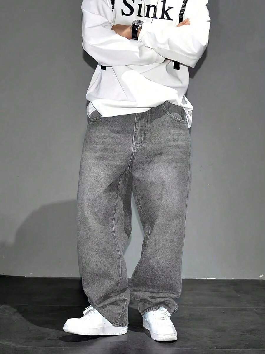 Jeans casuales y holgados con bolsillos, estilo vintage para hombres - Gris - Ver 1