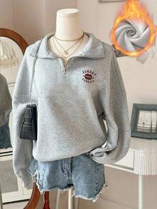 Women's Casual Pullover Sweatshirt, Minimalist American Football "Sunday Funday" Graphic Print, High Neck Zipper, Fashion Versatile, Suitable For Autumn/Winter - Dark Gray - View 6