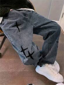 男士时尚宽松直筒交叉星星休闲牛仔裤 - 深色水洗藍 - 查看 4