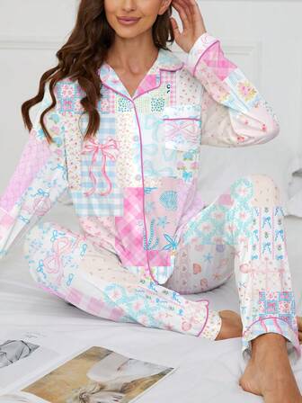 2pcs Casual Bow Plaid Allover Print Cute Sleepwear Set For Women, Comfortable Long Sleeve Collar Top And Elastic Waist Pants, Suitable For Holiday Party, Loungewear For All Seasons, Fall & Winter Clothes