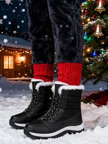 New Style Plush And Warm Outdoor Snow Boots For Cold Winter, Large Size Women's Shoes, Fashionable High-Top Hiking Boots, Women's Lace-Up Boots - 黑色 - 查看 2