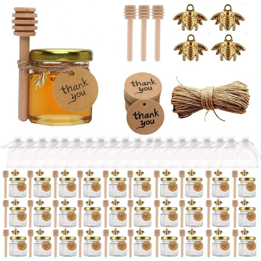 Estilo30 pcs Frascos para Miel, Mini Tarro de Miel Hexagonal de Cristal de 1.5 oz, con Cuchara para Miel, Colgantes de Abeja, Bolsa de Regalo Cuerda de Cáñamo y Etiqueta, para Regalos de Bodas y FiestasVersión mejorada - 1 - Ver 1