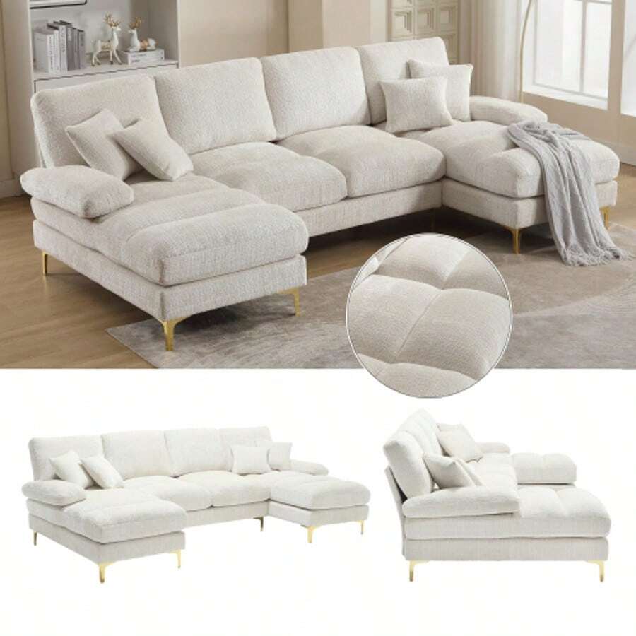 (Old SKU:W1880S00027)Modern Large Chenille U-Shape Sections With Double Liegesitzen Für Wohnzimmer Schlafzimmer Büro Wohnung Villa Wohnzimmer Zuhause Am Kamin - Beige - View 1