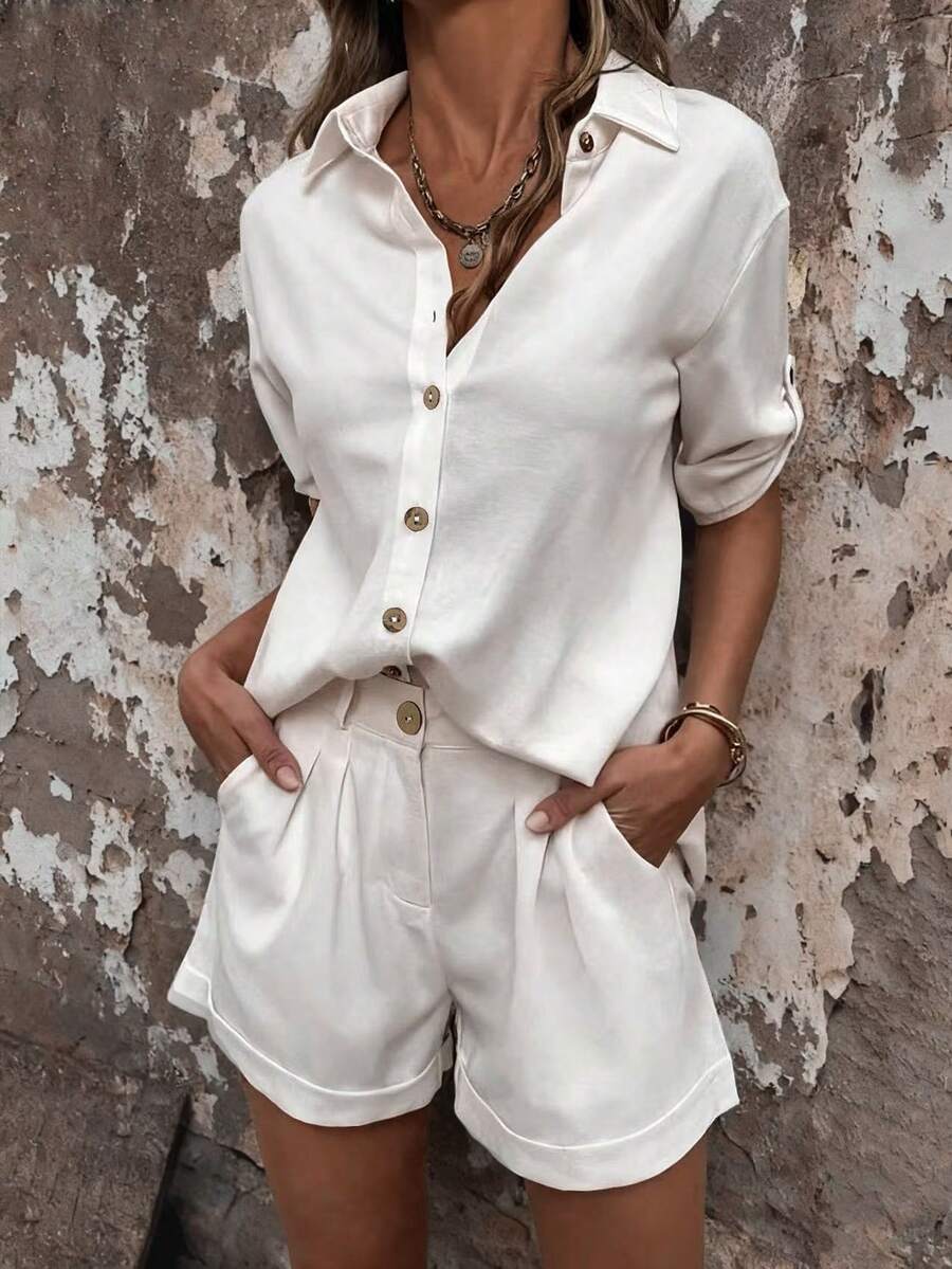2pcs/Set Women Casual Loose Stylish And Elegant Shirt And Shorts White Summer - White - View 1