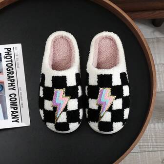 1 par de pantuflas térmicas con bordado de relámpago a cuadros de arcoíris para el Día de San Valentín, pantuflas de felpa de invierno para interiores para mujer