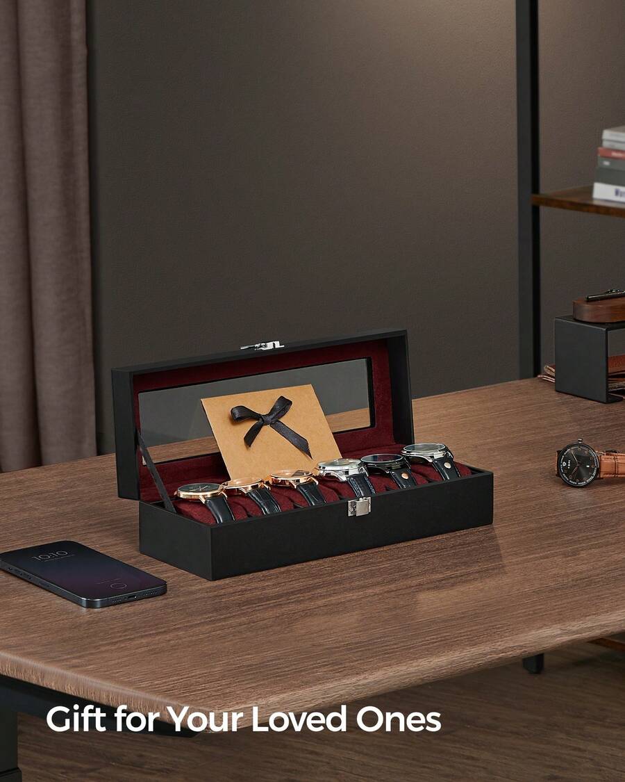 Watch Box With 6 Slots, Watch Case With Glass Lid, Watch Display Box With Removable Watch Pillows, Metal Clasp, Gift Idea, Black Synthetic Leather, Wine Red Lining - Red - View 1