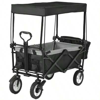 Garden Cart Wagons, Foldable Pull Wagon With Romovable Canopy, Trolley Wagon 4 Wheels (Black) - 150KG Capacity