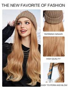 TOPSHE 26英寸金色长波浪合成假发，配保暖柔软针织滑雪帽，可调节假发，耐热纤维，带接发，女士假发，适合圣诞节装扮（含帽子） - 金色 - 查看 3