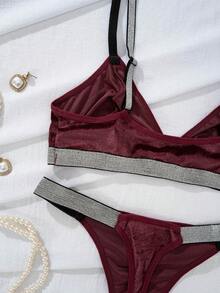 Ladies Velvet Thong Set & Wireless Comfy Bra Set For Autumn/Winter Two Pieces Set Women 2 Pieces Set - Burgundy - View 4