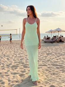 Women's Spring And Summer Hollow Mesh Hook-Knitted Backless Holiday Casual Beach Dress(No Inner Wear) - Mint Green - View 1