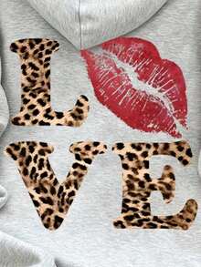 Winter Clothes For WomenL LOVE VE Leopard Print Heart Letter Pattern Casual Pullover Hoodie For Women, Solid Color Long Sleeve Pocket Dropped Shoulder Sweatshirt, Fall Clothes For Women Back To SchoolLoose And Comfortablehoodie Christmas Sweatshirt - 淺灰色 - 查看 3
