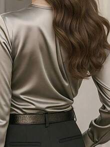 女士纯色加厚缎面交叉前襟优雅时尚长袖衬衫，适合日常、办公、度假、约会、春季、秋季、冬季穿着