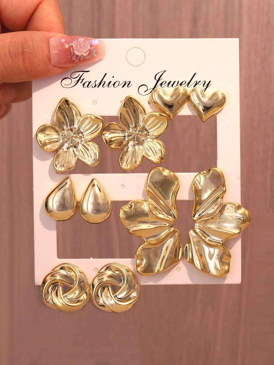 10pcs Fashion Metal Flower, Teardrop, Heart Stud Earrings Set, Suitable For Daily, Party And Special Occasions, Versatile For All Year Round, Lightweight And Comfortable Hoop And Stud, Fashionable Accessory, Item - الذهبي - مشاهدة 1