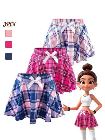 3件套新款女士性感内衣格纹短裙蝴蝶结装饰A字裙宽松舒适短款迷你裙