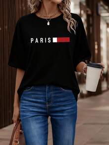 Women's Paris Letter Print Loose Comfortable Round Neck Casual Top, Summer Black - Black - View 8