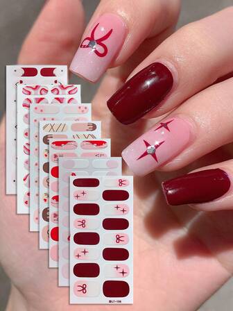7pcs/Set Multicolor Solid, Ombre, Star, Stripe, Plaid, Heart, Lip, Rainbow, Bow, Letter Nail Art Stickers, Full Nail Coverage, Suitable For Women DIY Manicure