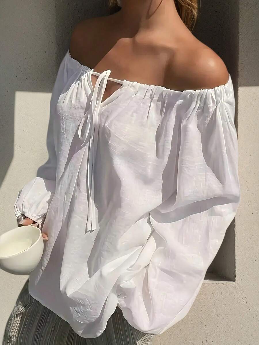Blus Tenun Semi-Transparan Bahu Terbuka untuk Wanita Ukuran Plus, Lengan Bishop, dengan Detail Simpul, Warna Putih Musim Semi - Putih - View 1
