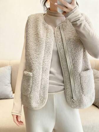 秋冬仿羊毛背心、复古风格女式无袖夹克、毛皮衬里绒面革马甲