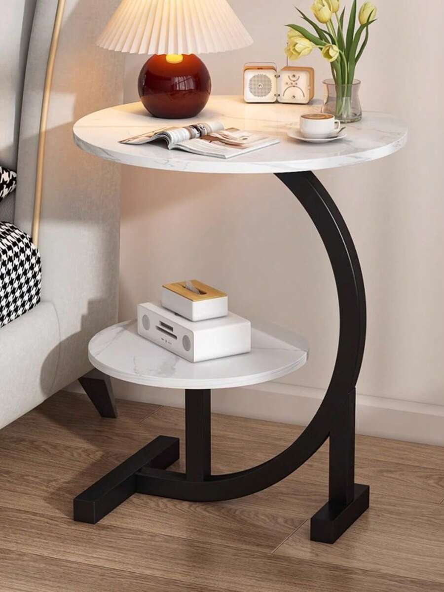 Simple Luxury Solid Wood Circular Coffee Table - Modern Double-Layer Sofa Side Cabinet, Creative Lightweight Luxury Side Table, Chic And Simple Living Room Circular Coffee Table, Suitable For Bedroom, Balcony, Living Room And Kitchen Leisure Tables - White Coffee Table - View 1