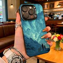 Cubierta de telefono con borde metálico azul oscuro diseño de montañas nevadas y siluetas de personas caminando bajo cielo estrellado para uso diario en cafeterías y espacios urbanos - Negro - Ver 1