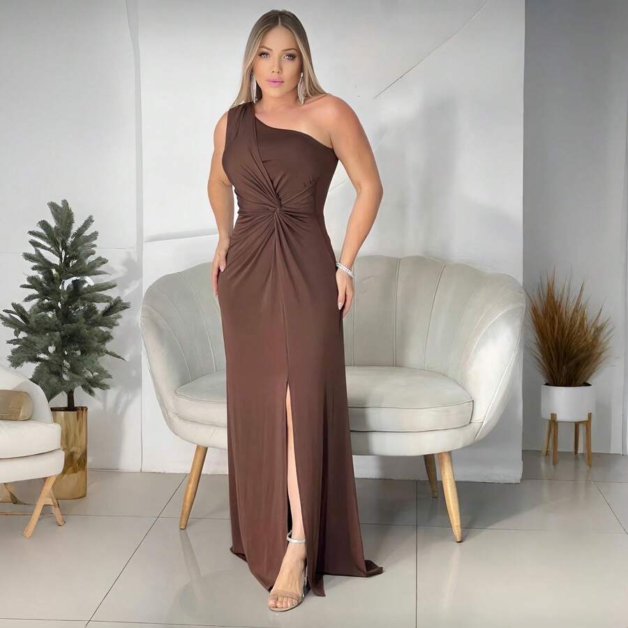 Long Emerald Green Dress In Blue, Green, Red, Marsala, Rose, Olive + Colors For Bridesmaids, Graduates, And Guests. One-Shoulder Design With Flowing Cups, Fits Sizes 36 To 42. - 鏽棕色 - 查看 1