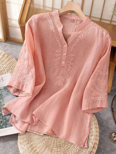 Women's Solid Color Embroidery Casual Loose Linen Blouse, Spring/Summer