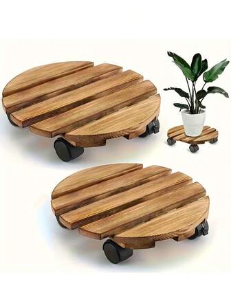 1个木制重型植物推车，带锁定脚轮，滚动式花架，适用于室内外露台大花盆