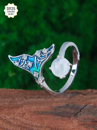 1 pieza Anillo de sirena abierto de plata esterlina S925, incrustado con moonstone de 7.0MM, adecuado para cumpleaños, regalo, boda, Día de la Madre, San Valentín, Navidad