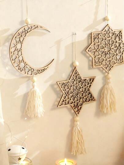 Ramadan Wooden Wall Decor - Laser Cut Moon & Stars With Hanging Threads, Home Decoration Accessories With Tassels, Suitable For Living Room, Bedroom, Wall, Indoor Decor, Holiday Decoration