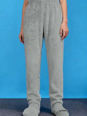 1pc Unisex Plain Color Fleece Thick High Waist Warm Footed Pants, For Women As Sleepwear Bottoms In Autumn/Winter, For Fall Winter, Fluffy, Cozy
