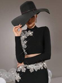 Neues Damen-Set mit starker Verzierung, Diamant-3D-Blumen und Schnürung, sexy rundhalsiges Langarm-Crop-Top + Minirock, elegantes Damen-Party-Set - Schwarz - Übersicht 6