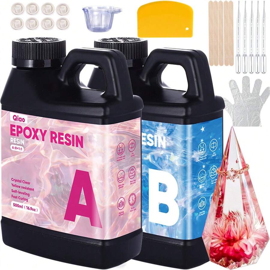 QIAO 500ml/1000ml 1:1 Clear Epoxy Resin Kit, Fast Curing, Heat Resistant Casting & Coating Resin, Suitable For Arts & Crafts DIY, Jewelry, Wooden Tabletops, Etc. - Black - View 1