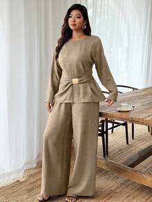 UrbanChic 简约风两件套加大码束腰金属扣装饰套装，纯色，端庄得体，适合婚礼季、情人节、白色派对、春假、春季、夏季度假等场合，优雅时尚。 - 棕色 - 查看 8