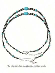 Retro Turquoise Necklace Vintage Western Country Earrings Set Female Ancient Silver Color Beaded Jewelry Set - 彩色 - 查看 8