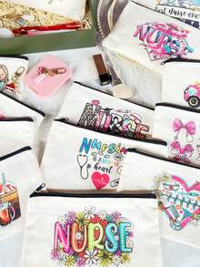 1/5/10pcs Nurse Theme Canvas Bag With Zipper Survival Kit Bag Medicine Bag Gift Bag Letter/Flower/Leopard/Heart/Rainbow Pattern Print Funny Makeup Pouch Portable Toiletry Bag For Nurse Travel Make Up Organizer Makeup Storage Cosmetic Bag Wash Bag Bathroom College Dorm Travel Stuff Multifunctional Cosmetic Organizer Cute Wallet Pouch Coin Purse - Beige - View 2