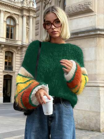 Höstkläder för dam, siden och mohair, färgglad randig lös tröja med lyktorärm, flerfärgad tröja, lös tröja, mohairtröja, campusstil, söt topp, dammode för skolstart, retro preppy streetstyle, lärarklädsel