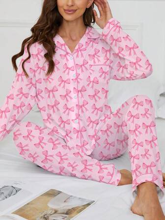 2pcs/Set Romantic Gift Butterfly Print Cute Sleepwear Set For Women, Comfortable Long Sleeve Collar Top And Elastic Waist Pants, Suitable For Holiday Party, Casual Loungewear All Season, Fall & Winter Clothes