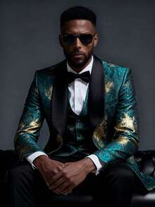 Mens Suits 3 Piece Graffiti Suit Single Breasted One Button Jackets Formal Dress Party Prom Tuxedo Suits Blazer Set - 墨綠色 - 查看 1