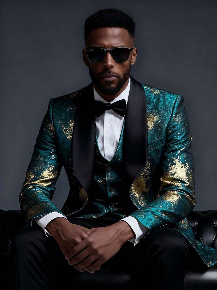 Mens Suits 3 Piece Graffiti Suit Single Breasted One Button Jackets Formal Dress Party Prom Tuxedo Suits Blazer Set - 墨綠色 - 查看 1
