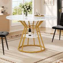 Round Dining Table (1 Piece), Kitchen Table, Breakfast Table, Metal Legs, Gold/Black Marble Pattern - Gold - View 2