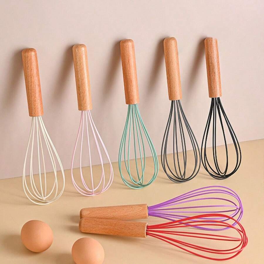 Wooden Handle Silicone Hand Mixer Whisk, Home Baking Cream Beater Stirring Tool - Multicolor - View 1