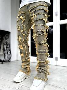 Men's Creative Fringe Decoration Slim Fit Jeans, Men's Casual Stretch Street Style Hip-Hop Skateboard Rap Jeans For All Seasons - Màu vàng - Xem 2