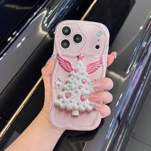 Protección excepcional, cáscara de teléfono resistente a la caída, árbol de Navidad rosa con un patrón en forma de alas y corazón, fondo rosa, para iPhone 17 16 15 14 13 12 11 8 7 XS pro promax plus, diseño gráfico 2D, regalo de Navidad, protección del teléfono, patrones festivos, carcasa de teléfono precioso, moldeo por inyección, accesorios de moda, carcasa de teléfono, amantes de la moda, entusiastas de la tecnología - Mezcla de color 1 - Ver 3