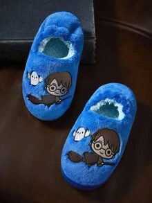 HARRY POTTER X SHEIN 可爱刺绣卡通海德薇蓝色儿童男童防滑室内松紧带拖鞋幼儿和儿童柔软毛绒保暖家居鞋，轻便耐用的 EVA 鞋底，居家卧室空调房，春秋冬季 - 藍色 - 查看 1
