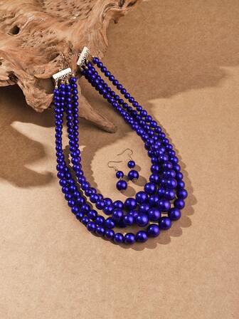 多层夸张手工串珠仿珍珠波西米亚中东欧美风项链套装，含项链和耳环