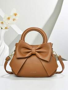 Solid Color Women's Handbag With Elegant Bow Detail, Classic Shoulder Bag Suitable For Students, Teachers, Office Ladies, Adjustable Strap - Very Chic - Brown - View 2